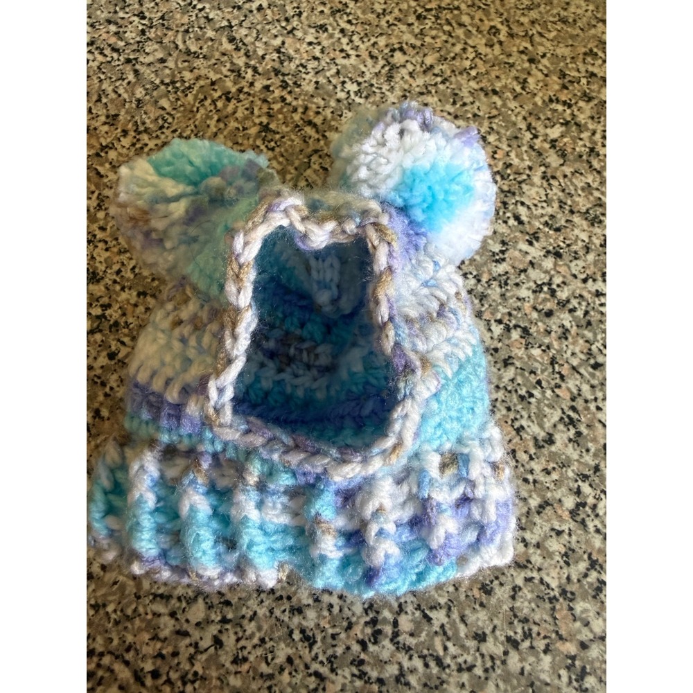 Handmade Crochet Pet Hat with Ear Holes Double Pom Pom Blue Purple Variegated